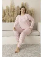 Puantiyeli Büyük Beden Yazlık Uzun Kollu Viskon Kadın Pijama Takımı Estiva 25145 Pembe farklı açı