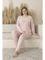 Puantiyeli Büyük Beden Yazlık Uzun Kollu Viskon Kadın Pijama Takımı Estiva 25145 Pembe görsel 4