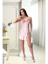 Pink Night Puantiyeli Çiçekli İnce Askılı Kısa Gecelik Pink Night 3961