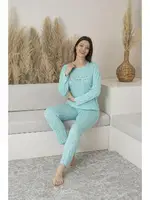 Puantiyeli Uzun Kollu Yazlık Viskon Kadın Pijama Takımı Estiva 25110 Yeşil görsel 4