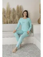 Puantiyeli Uzun Kollu Yazlık Viskon Kadın Pijama Takımı Estiva 25110 Yeşil görsel 5
