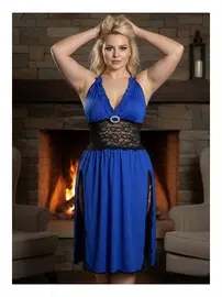 Sistina Çift Derin Yırtmaçlı Mavi Dantelli Gecelik Büyük Beden Sistina 210