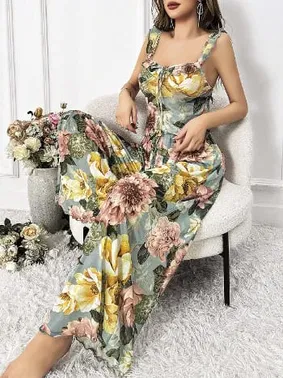 Pink Night Sarı Çiçek Desenli Yeşil Askılı Bluz Pantolon Takım Pink Night 1453