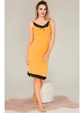 Lady Sarı Kenarları Dantel İnce Askılı Kadın Tunik Gecelik Lady 5533