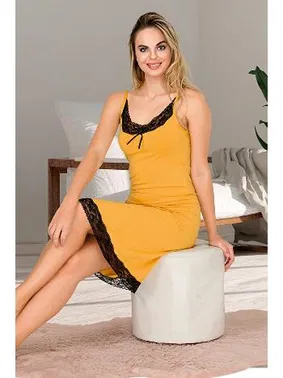 Lady Sarı Kenarları Dantel İnce Askılı Kadın Tunik Gecelik Lady 5533 - Alternatif Görünüm