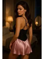 Çapraz Askılı Saten Dantelli Fantazi Kısa Gecelik Venlisa V2302 Pembe detay görünüm