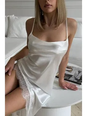 NightLight Saten Dantel Detaylı Pudra Askılı Dekolteli Gecelik NightLight 3785