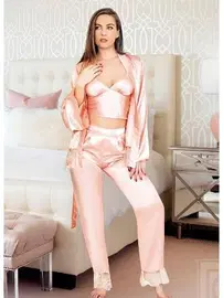 Miss Laris Saten Dantelli Büstiyer Sabahlık Pijama Takım Miss Laris 5033