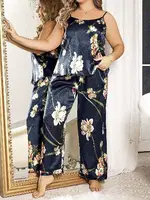 Saten Lacivert Çiçekli Büyük Beden Kadın Pijama Takım Pink Night 6909 Lacivert