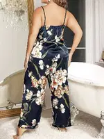 Saten Lacivert Çiçekli Büyük Beden Kadın Pijama Takım Pink Night 6909 Lacivert detay görünüm