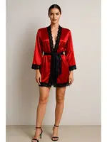 Saten ve Dantel Detaylı Sabahlık Takımı Venlisa V2600 Kırmızı