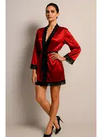 Saten ve Dantel Detaylı Sabahlık Takımı Venlisa V2600 Kırmızı detay görünüm