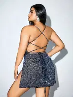 Simli Işıltılı Seksi Mini Büyük Beden Kulüp Elbise Pink Night 6515 Antrasit detay görünüm