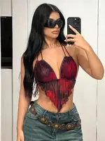 Sırt Dekolteli Boyundan Bağlamalı Desenli Tül Büstiyer Ruselin 5092 Kırmızı