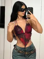 Sırt Dekolteli Boyundan Bağlamalı Desenli Tül Büstiyer Ruselin 5092 Kırmızı farklı açı