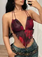 Sırt Dekolteli Boyundan Bağlamalı Desenli Tül Büstiyer Ruselin 5092 Kırmızı görsel 5