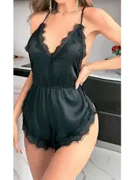 NightLight Sırt Dekolteli Dantelli Siyah Fantazi Saten Şort Tulum NightLight 3789