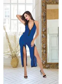 İzabel Sırt Dekolteli Yırtmaçlı Mavi Fantazi Kadın Tulum Gecelik İzabel 505