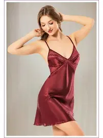 Miss Laris Sırtı Çapraz Askılı Bordo İnce Askılı Saten Gecelik Miss Laris 2142