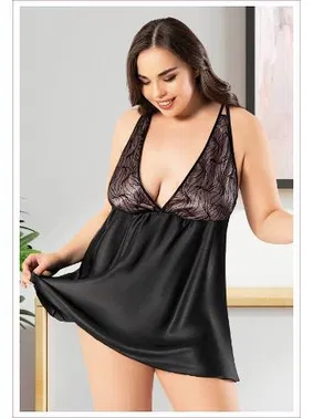 Miss Laris Sırtı Çapraz Askılı Büyük Beden İnce Askılı Siyah Saten Gecelik Miss Laris 4041