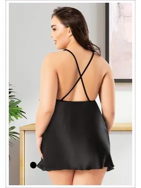 Miss Laris Sırtı Çapraz Askılı Büyük Beden İnce Askılı Siyah Saten Gecelik Miss Laris 4041 - Alternatif Görünüm