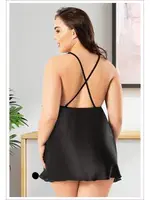 Sırtı Çapraz Askılı Büyük Beden İnce Askılı Siyah Saten Gecelik Miss Laris 4041 Siyah detay görünüm