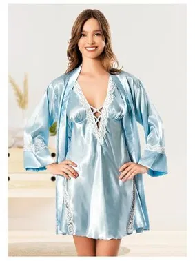 Miss Laris Sırtı Çapraz Askılı Dantelli Gecelik Uzun Kollu Saten Sabahlık Takımı Miss Laris 5073