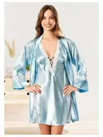 Sırtı Çapraz Askılı Dantelli Gecelik Uzun Kollu Saten Sabahlık Takımı Miss Laris 5073 Mavi