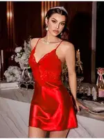 Sırtı Çapraz Askılı Göğüs Dantelli Fantazi Saten Gecelik Real Passione 2118 Kırmızı