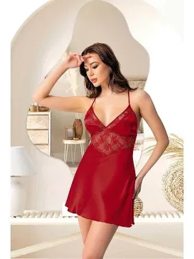 Pink Night Sırtı Çapraz Bağlamalı Kısa Dantelli Saten Gecelik Pink Night 3878