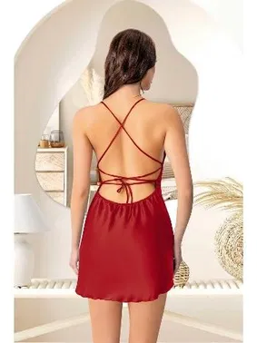 Pink Night Sırtı Çapraz Bağlamalı Kısa Dantelli Saten Gecelik Pink Night 3878 - Alternatif Görünüm