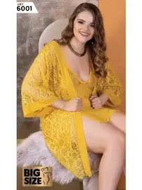 İzabel Sarı 3lü Büyük Beden Dantelli Gecelik Sabahlık Takımı İzabel 6001