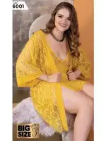 Sarı 3lü Büyük Beden Dantelli Gecelik Sabahlık Takımı İzabel 6001 Sarı