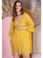 Sarı 3lü Büyük Beden Dantelli Gecelik Sabahlık Takımı İzabel 6001 Sarı detay görünüm