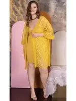 Sarı 3lü Büyük Beden Dantelli Gecelik Sabahlık Takımı İzabel 6001 Sarı farklı açı
