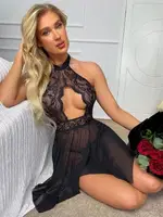 Siyah Boyun Dantelli Tül Fantezi Gecelik Loomerie 531 Siyah görsel 4