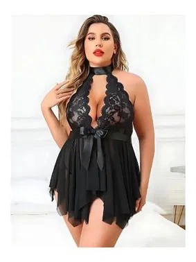 missisX Siyah Büyük Beden Dantel Detaylı Fiyonklu Gecelik missisX 3075