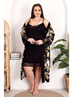 Lady Siyah Çiçek Desenli 2li Gecelik Sabahlık Takımı Lady 19202