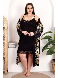 Lady Siyah Çiçek Desenli 2li Gecelik Sabahlık Takımı Lady 19202