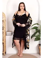 Siyah Çiçek Desenli 2li Gecelik Sabahlık Takımı Lady 19202 Siyah