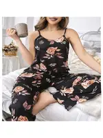 Siyah Çiçek Desenli Pantolon Pijama Takımı Büyük Beden Pink Night 6913 Siyah farklı açı