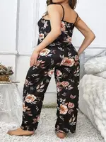 Siyah Çiçek Desenli Pantolon Pijama Takımı Büyük Beden Pink Night 6913 Siyah detay görünüm