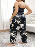 Siyah Çiçekli Büstiyerli Saten Pantolon Pijama Takımı Büyük Beden Pink Night 6911 Siyah detay görünüm
