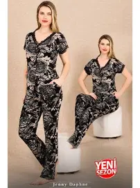 Lady Siyah Çiçekli Desenli Düğmeli Kısa Kollu Pijama Takımı Lady 12499