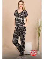 Siyah Çiçekli Desenli Düğmeli Kısa Kollu Pijama Takımı Lady 12499 detay görünüm