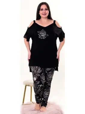 Lady Siyah Çiçekli Rahat Büyük Beden Penye Pijama Takımı Lady 10955