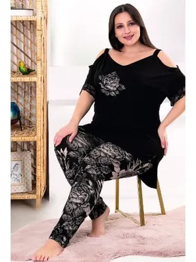 Lady Siyah Çiçekli Rahat Büyük Beden Penye Pijama Takımı Lady 10955 - Alternatif Görünüm
