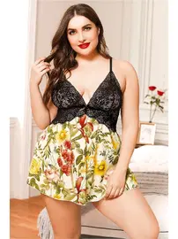 Pink Night Siyah Dantel Büstiyerli Çiçekli Fantazi Büyük Beden Gecelik Pink Night 6608