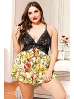 Siyah Dantel Büstiyerli Çiçekli Fantazi Büyük Beden Gecelik Pink Night 6608 Siyah