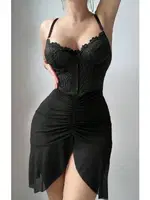 Siyah Dantel Büstiyerli Transparan Fantezi Gecelik Real Passione 4078 Siyah görsel 5